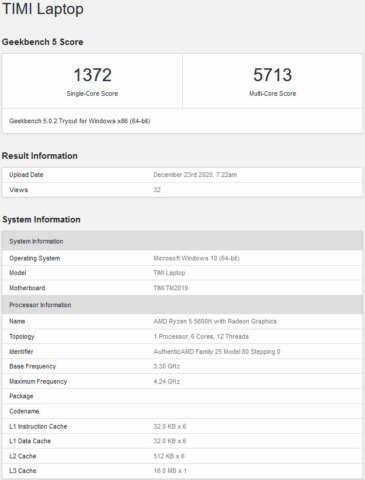 اولین نتایج از پردازنده AMD Ryzen 5 5600H "Cezanne" منتشر شد، محک زدن تک هسته‌ای و چند هسته‌ای